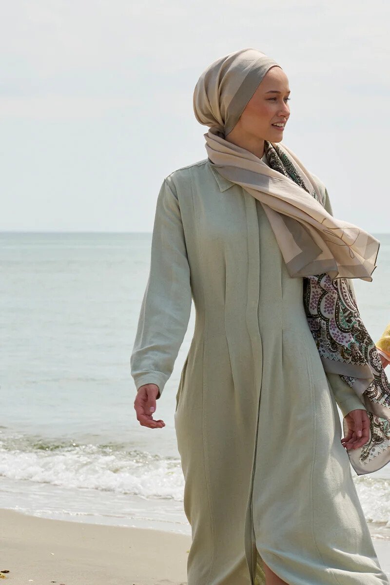 Tek Tarafı Desen Pamuk İpek Şal - Bej - ED Scarf