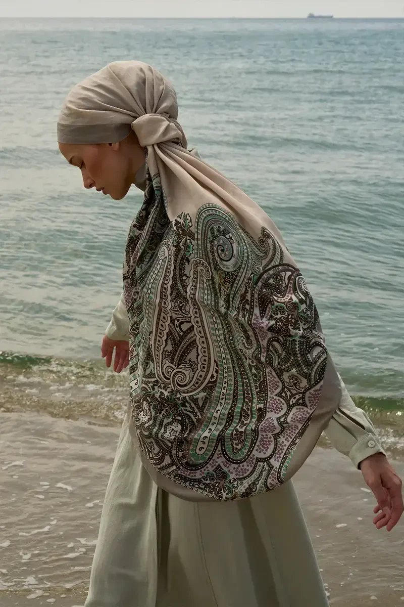 Tek Tarafı Desen Pamuk İpek Şal - Bej - ED Scarf