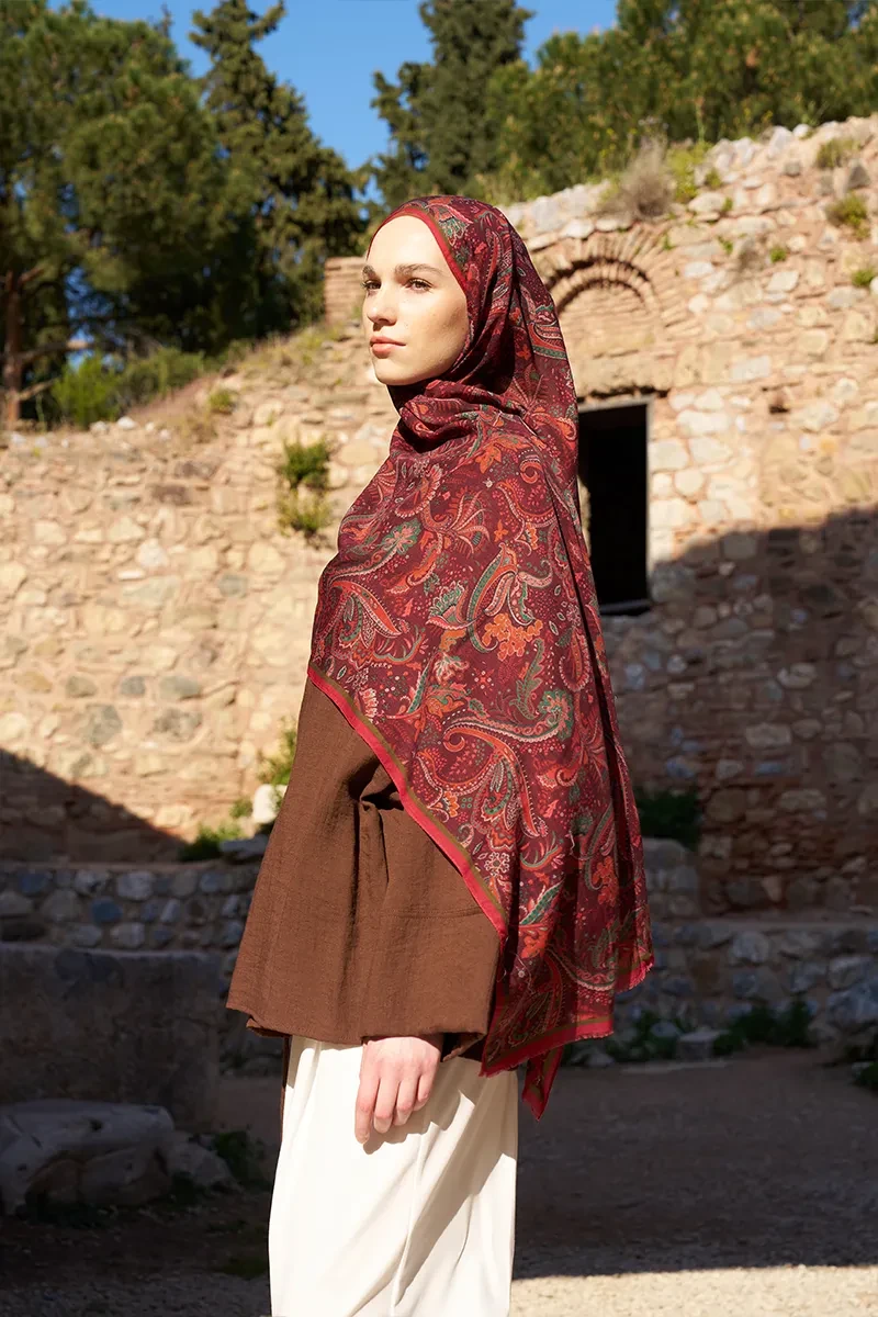 Yün İpek Bouqet Şal - Bordo - 1