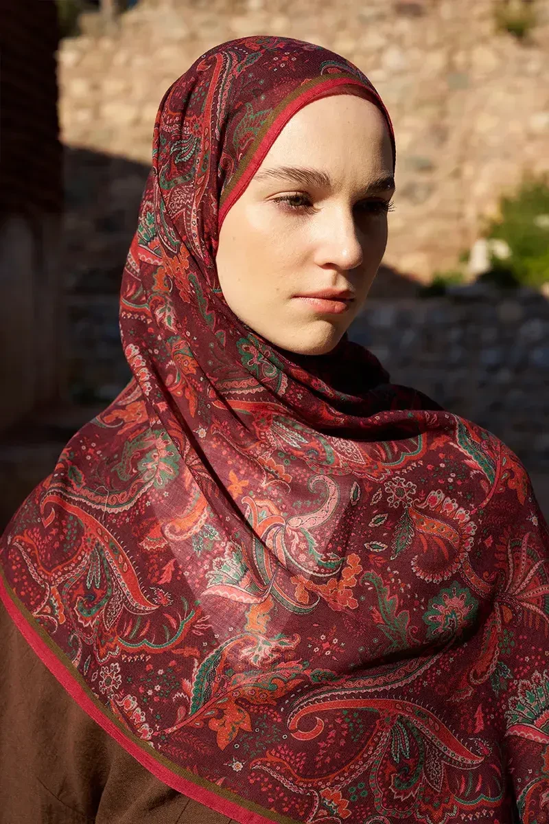 Yün İpek Bouqet Şal - Bordo - 2