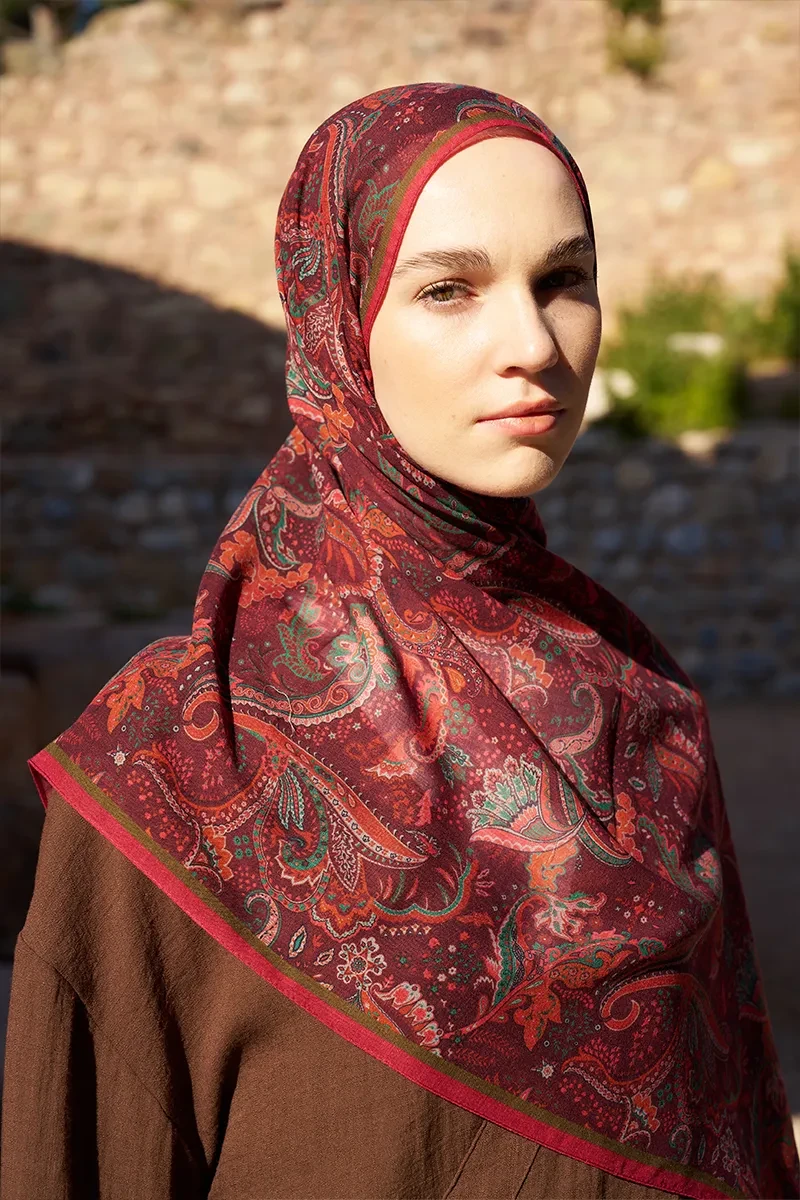 Yün İpek Bouqet Şal - Bordo - 3
