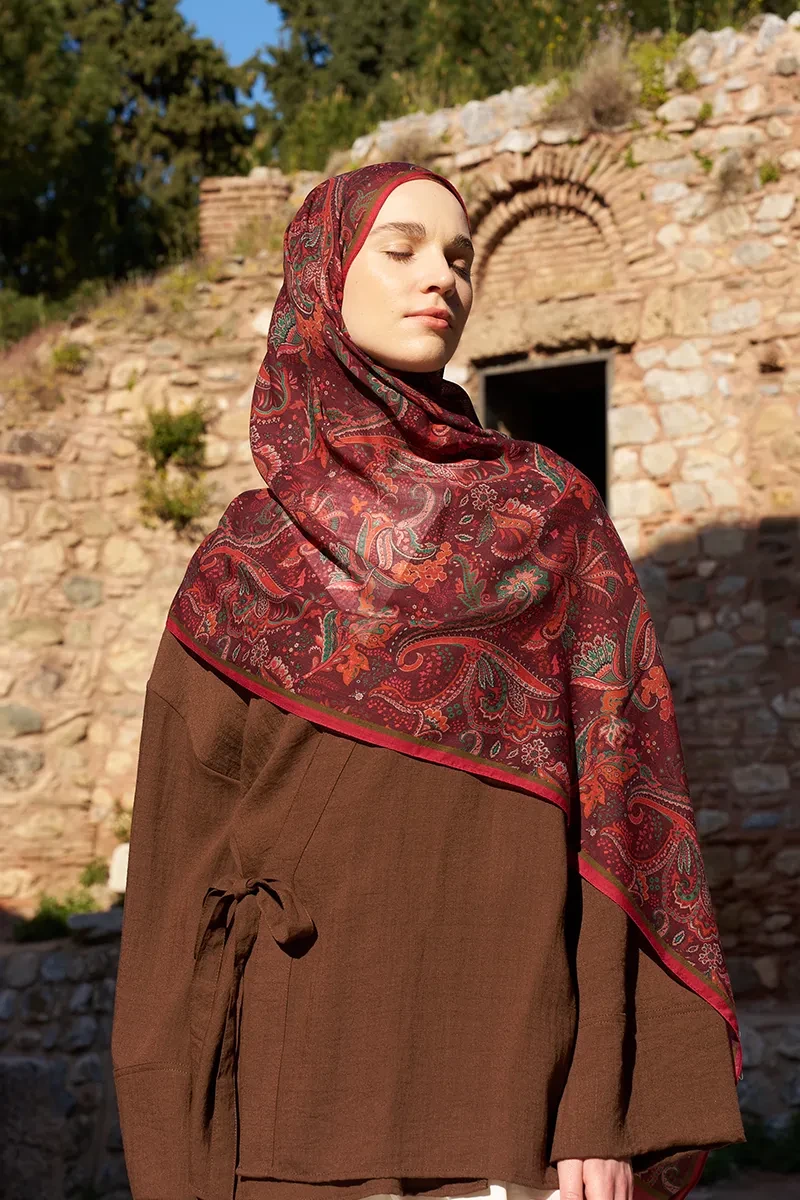 Yün İpek Bouqet Şal - Bordo - 4