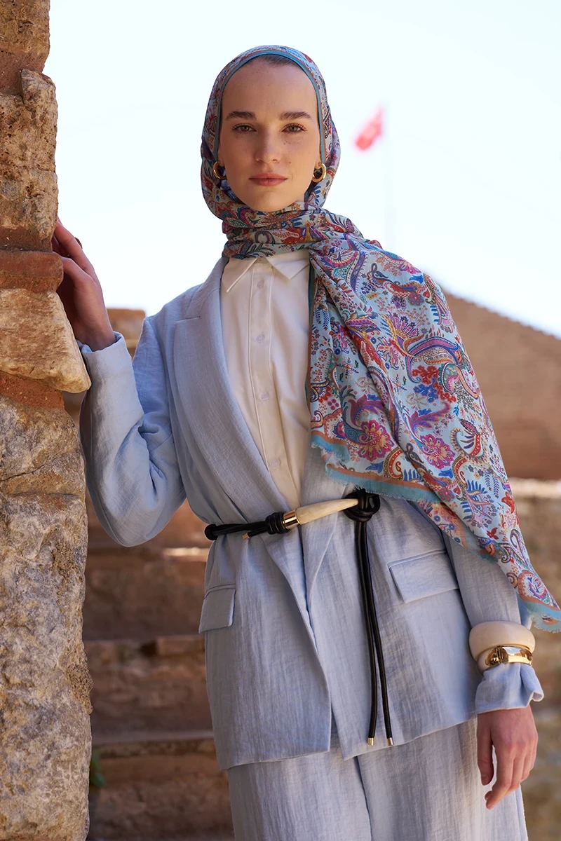 Yün İpek Bouqet Şal - Mavi - ED SCARF