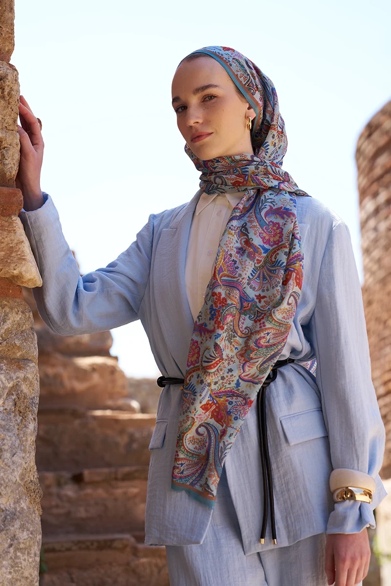 Yün İpek Bouqet Şal - Mavi - ED SCARF