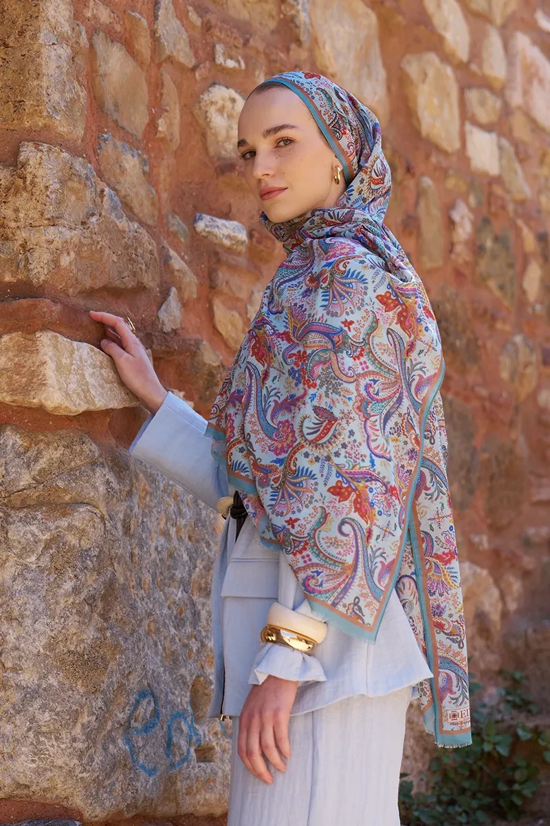 Yün İpek Bouqet Şal - Mavi - ED SCARF