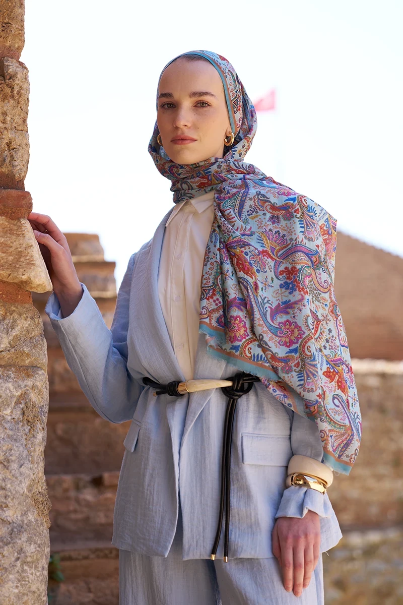 Yün İpek Bouqet Şal - Mavi - 4