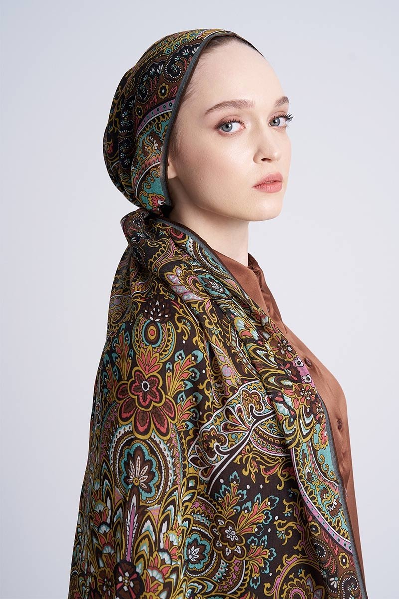 Yün İpek Celia Şal - Kahve - 1