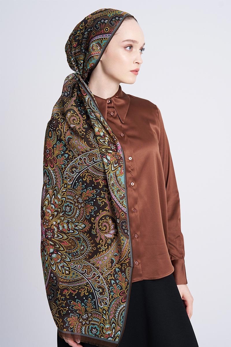 Yün İpek Celia Şal - Kahve - 3