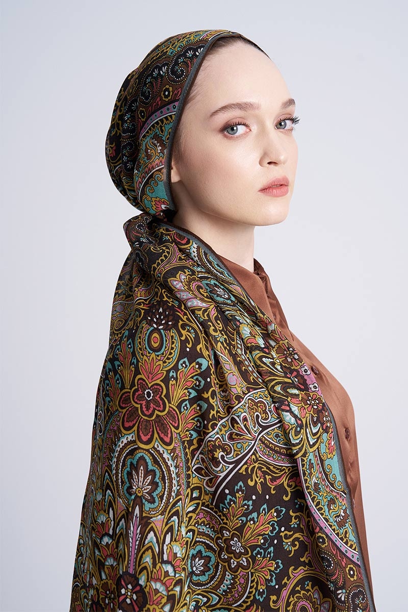 Yün İpek Celia Şal - Kahve - 1