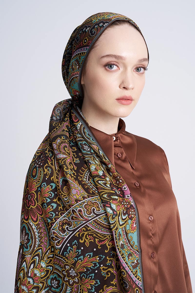 Yün İpek Celia Şal - Kahve - 2