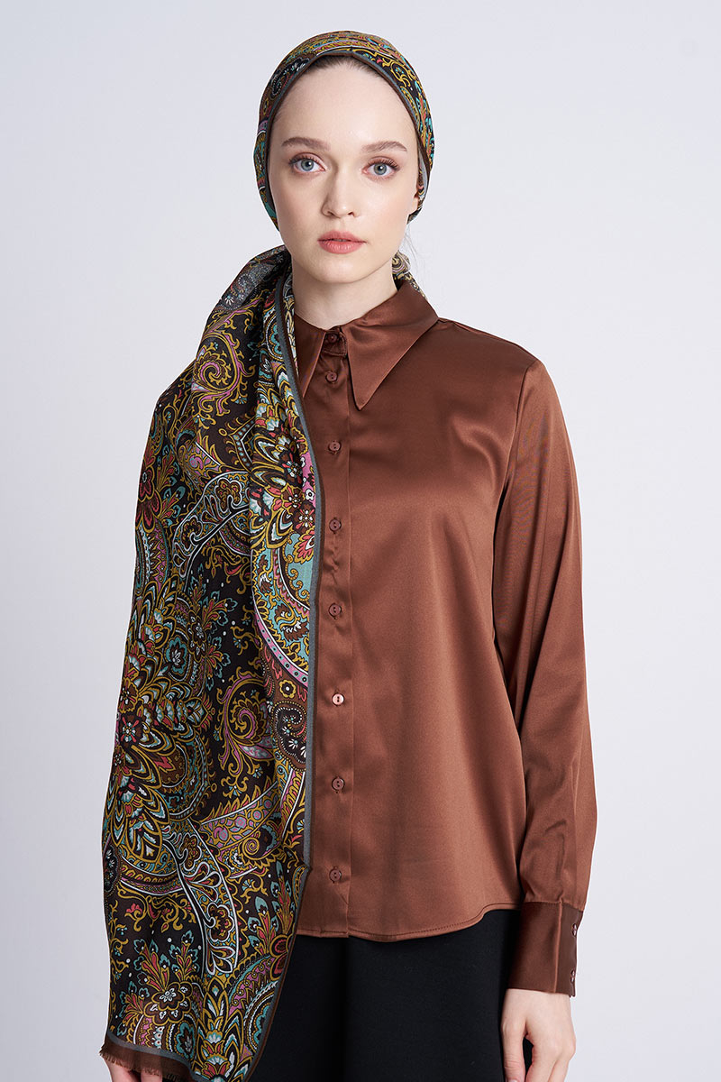 Yün İpek Celia Şal - Kahve - 4