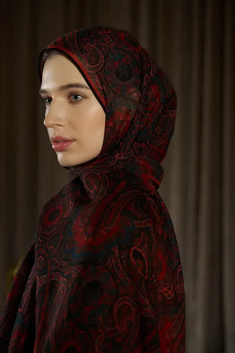 Yün İpek Ethnara Şal - Bordo - 2
