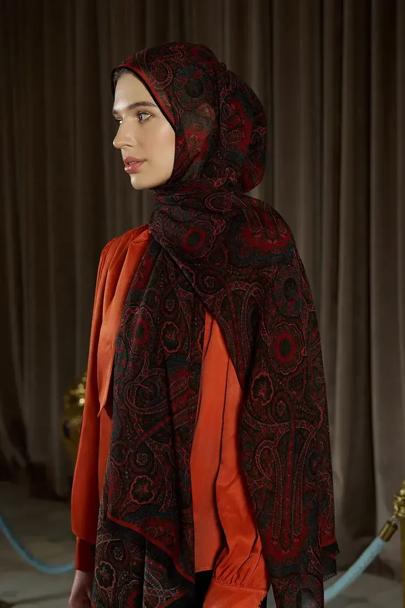 Yün İpek Ethnara Şal - Bordo - 4