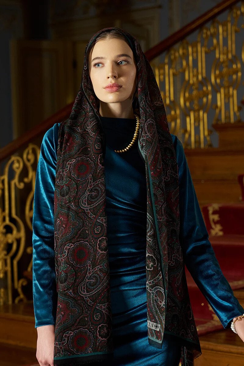 Yün İpek Ethnara Şal - Petrol - ED SCARF