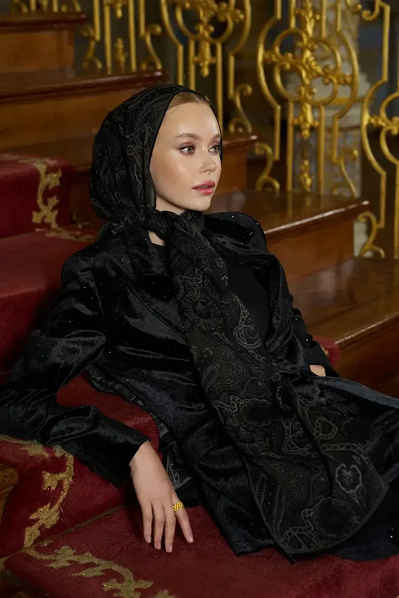 Yün İpek Ethnara Şal - Siyah / Yeşil - ED Scarf