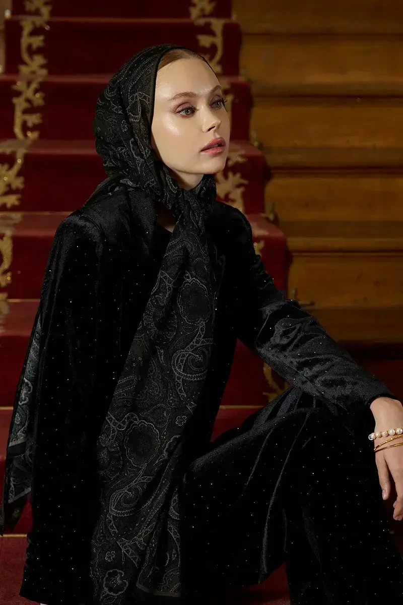 Yün İpek Ethnara Şal - Siyah / Yeşil - ED Scarf