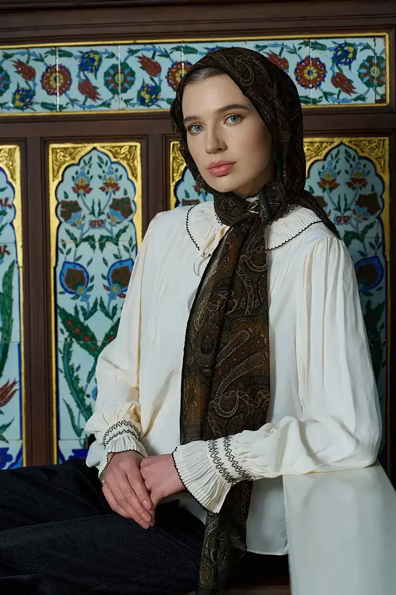 Yün İpek Ethnara Şal - Yağ Yeşili - ED SCARF