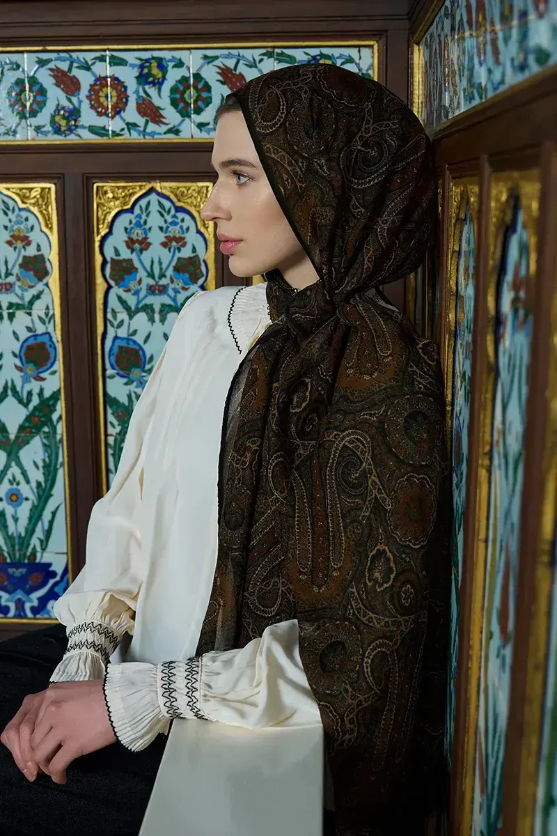 Yün İpek Ethnara Şal - Yağ Yeşili - ED SCARF