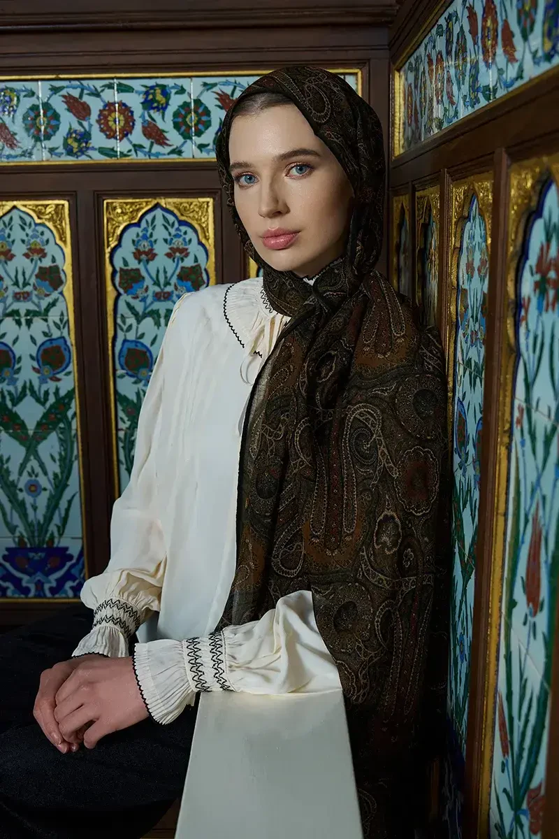 Yün İpek Ethnara Şal - Yağ Yeşili - ED SCARF