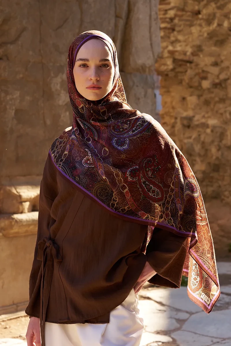 Yün İpek Landy Şal - Kızıl Kahve - 4