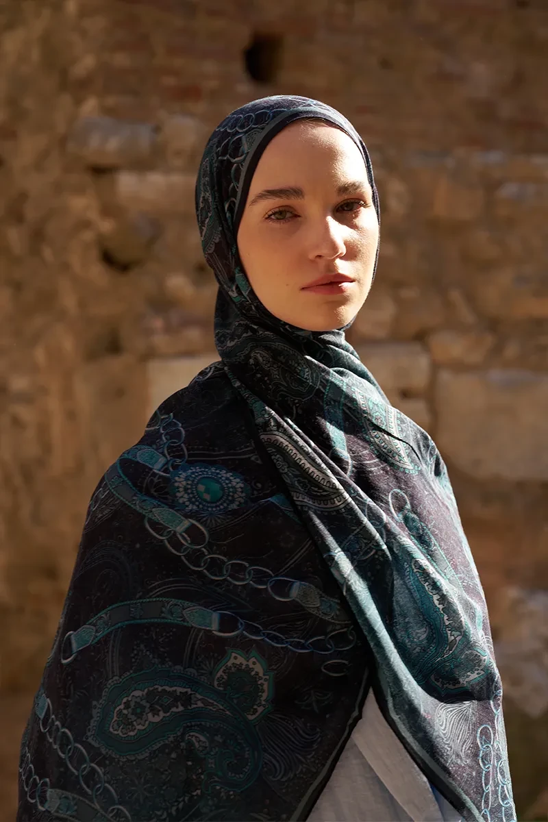 Yün İpek Landy Şal - Lacivert - ED SCARF