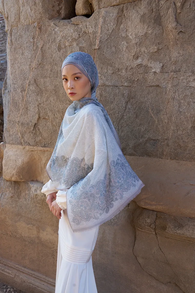 Yün İpek Roselya Şal - Mavi - ED SCARF