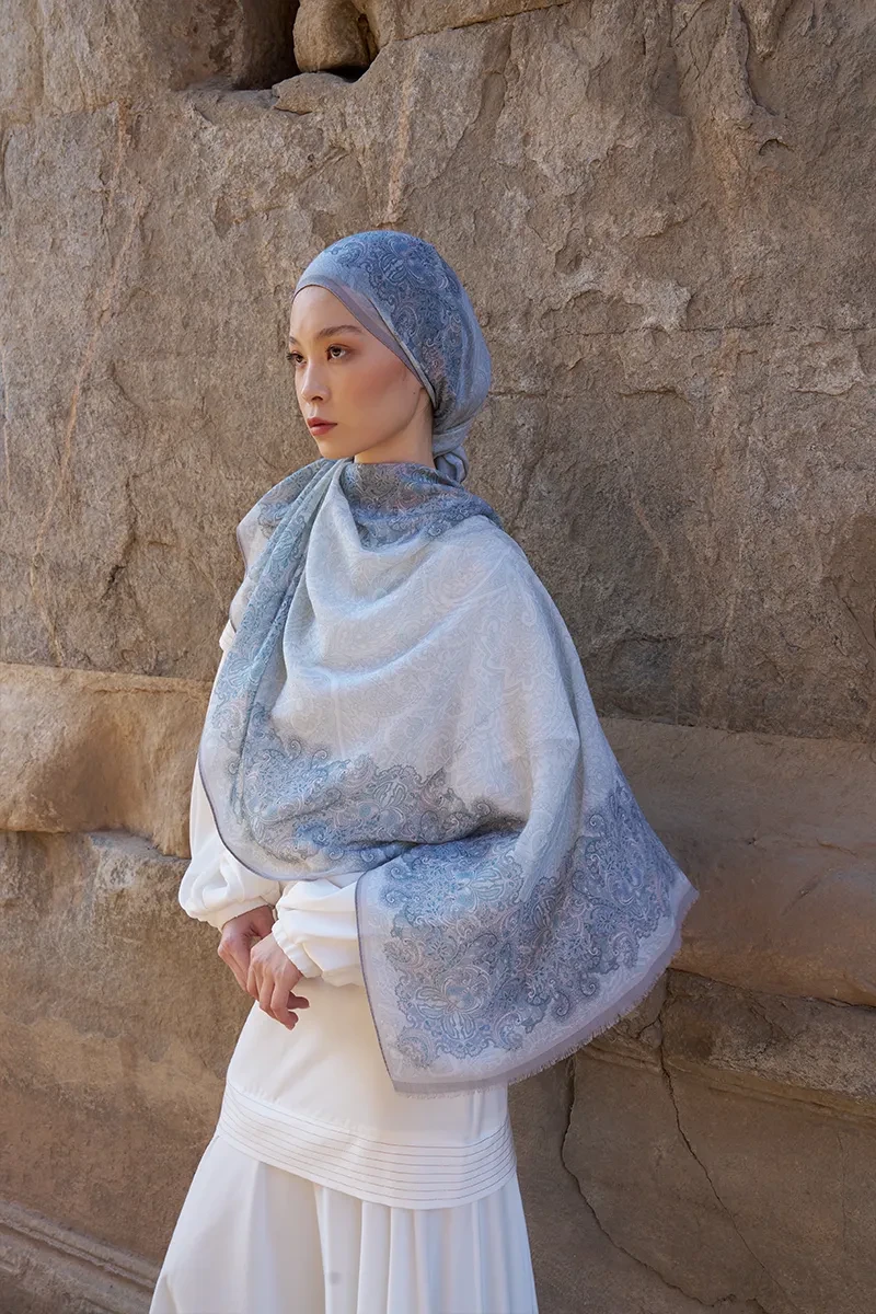 Yün İpek Roselya Şal - Mavi - ED SCARF