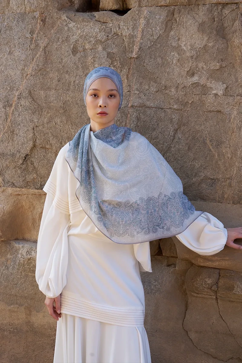 Yün İpek Roselya Şal - Mavi - ED SCARF