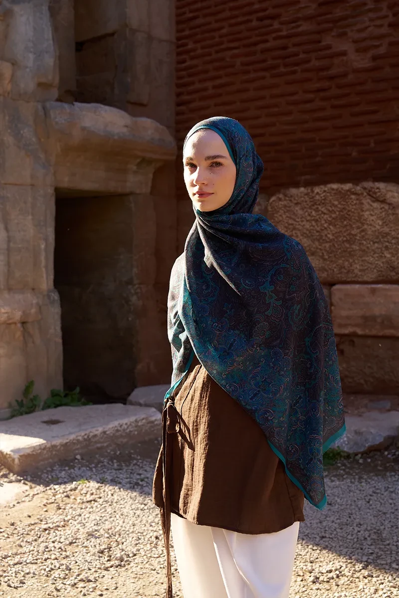 Yün İpek Roselya Şal - Petrol - ED SCARF