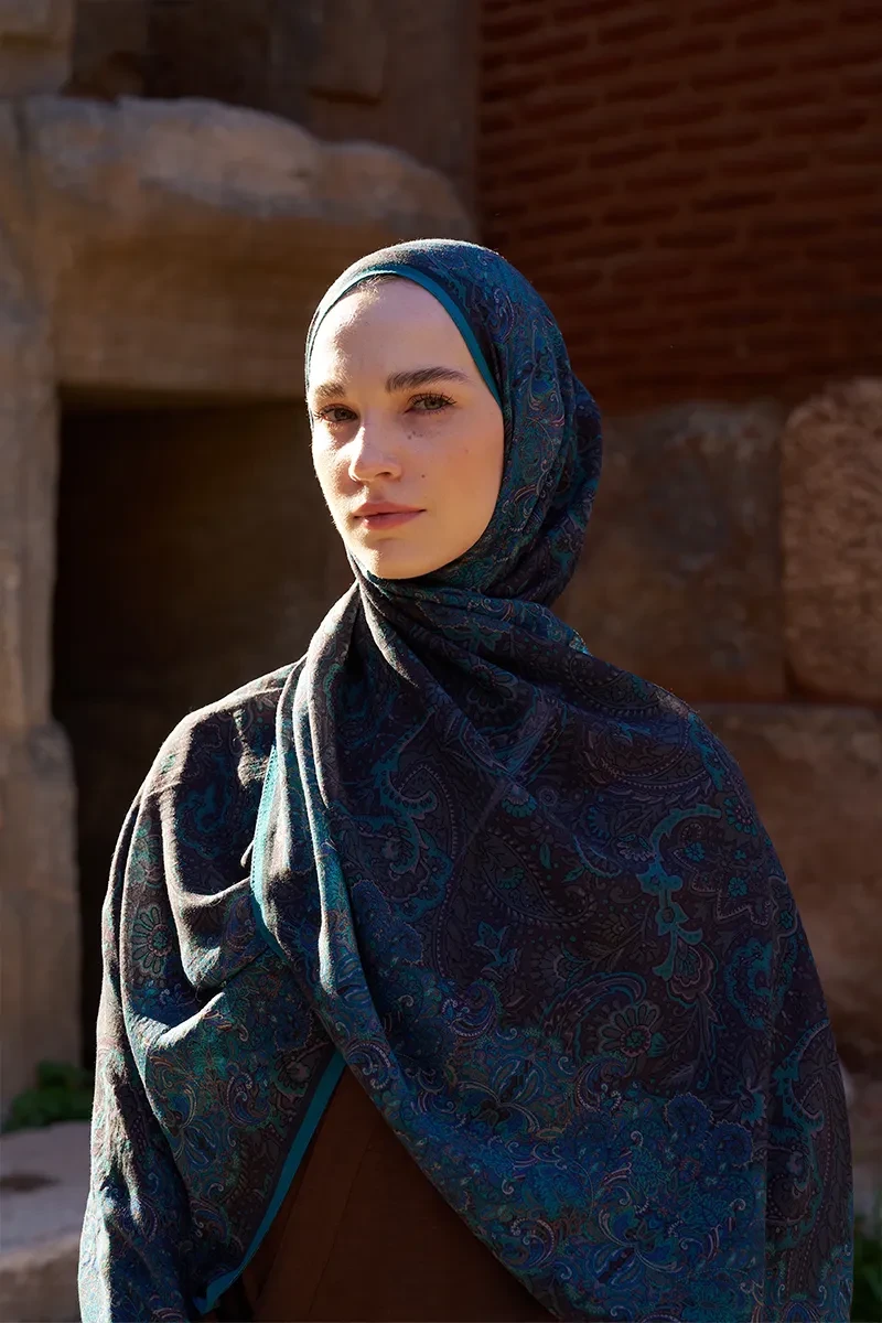 Yün İpek Roselya Şal - Petrol - ED SCARF
