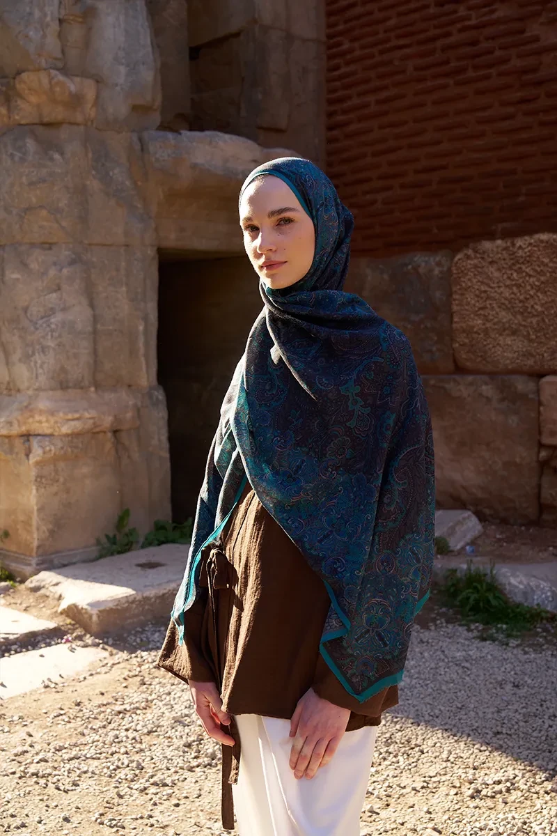 Yün İpek Roselya Şal - Petrol - ED SCARF