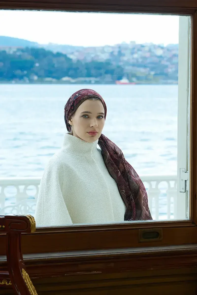 Yün İpek Saphire Şal - Bordo - 2