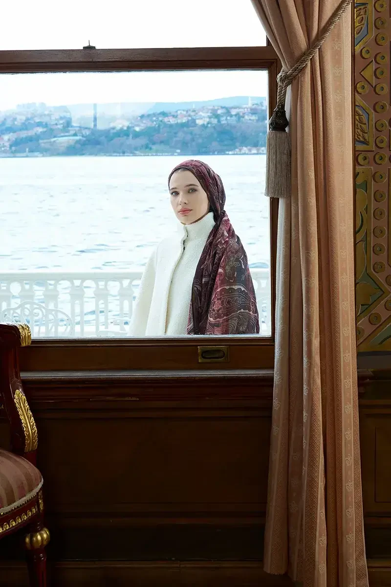 Yün İpek Saphire Şal - Bordo - ED Scarf