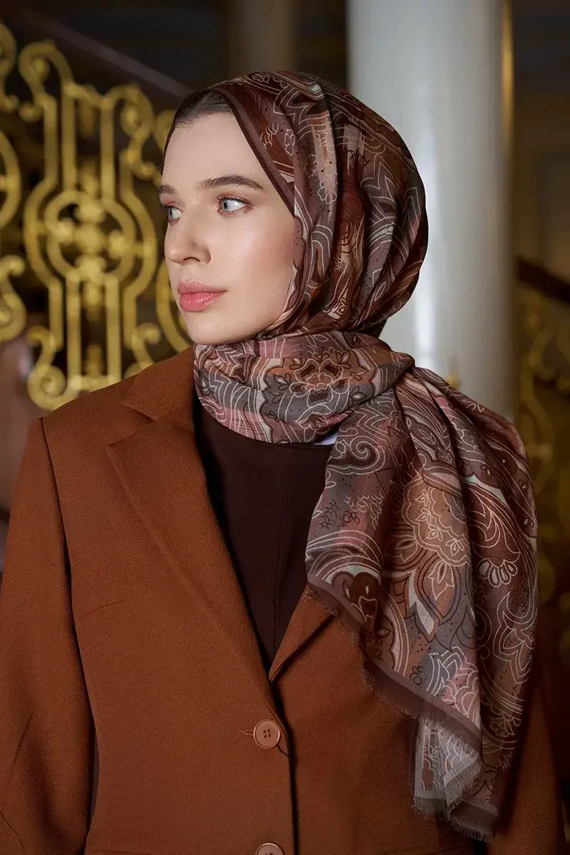 Yün İpek Saphire Şal - Kahve - ED Scarf
