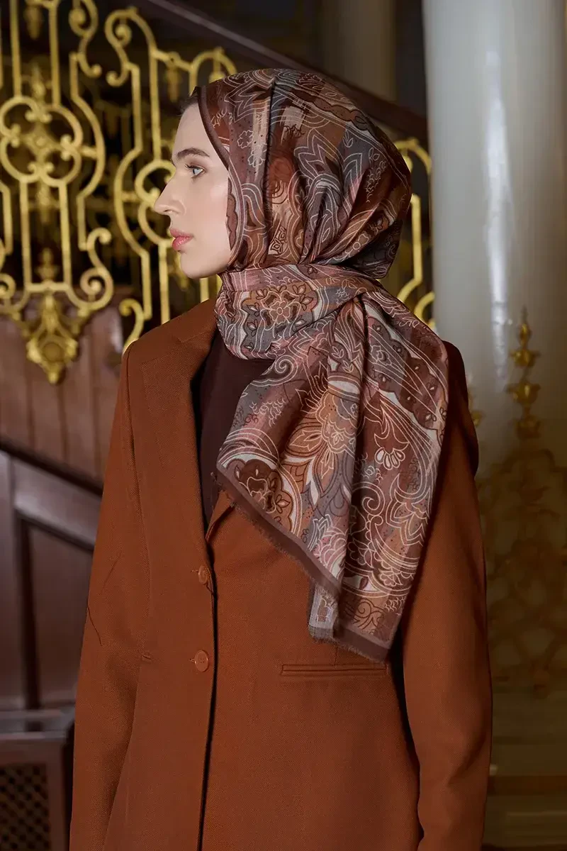 Yün İpek Saphire Şal - Kahve - ED Scarf