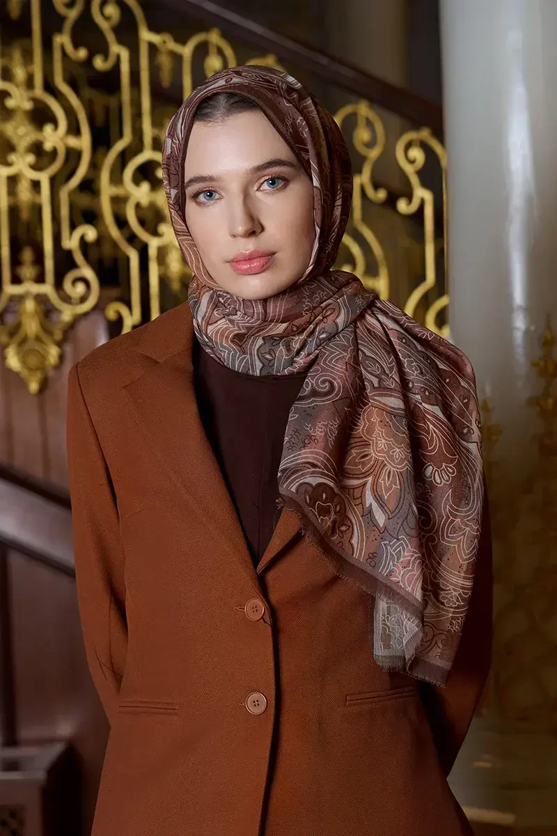 Yün İpek Saphire Şal - Kahve - 4