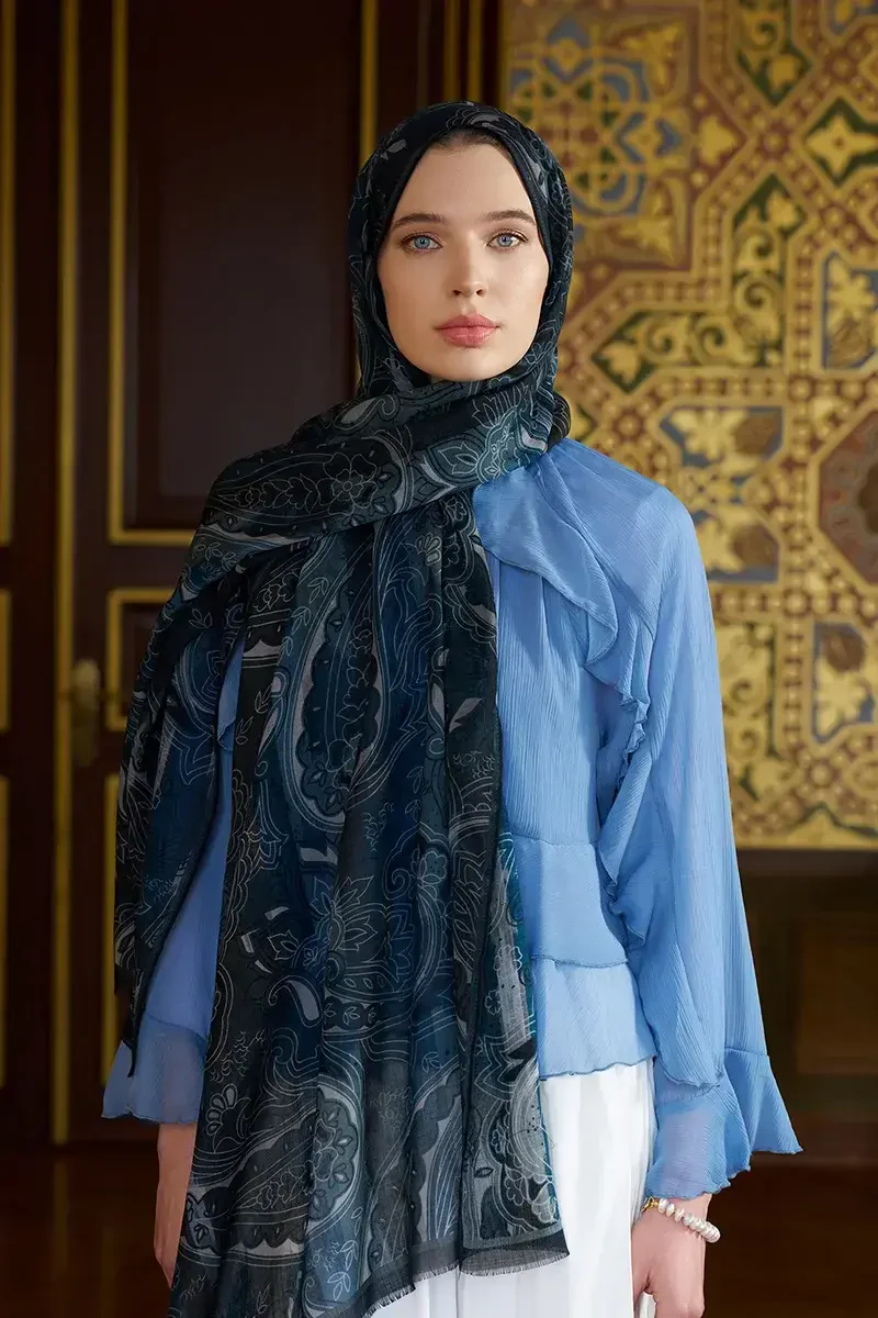 Yün İpek Saphire Şal - Lacivert - ED Scarf