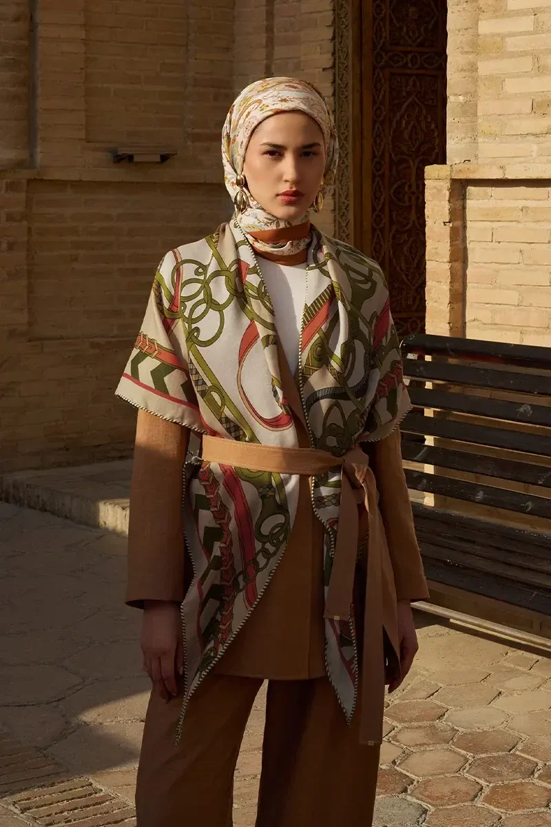 Zincir Desen Yün İpek Omuz Şal - Bej - ED SCARF