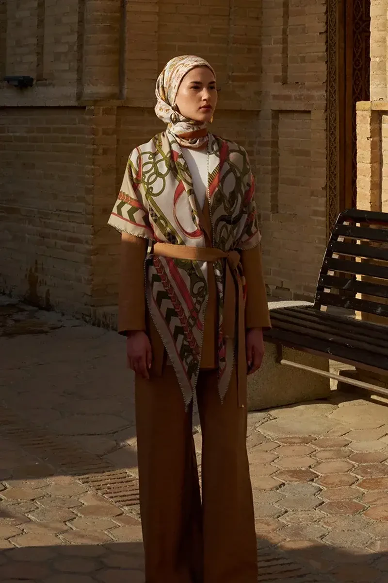 Zincir Desen Yün İpek Omuz Şal - Bej - ED SCARF