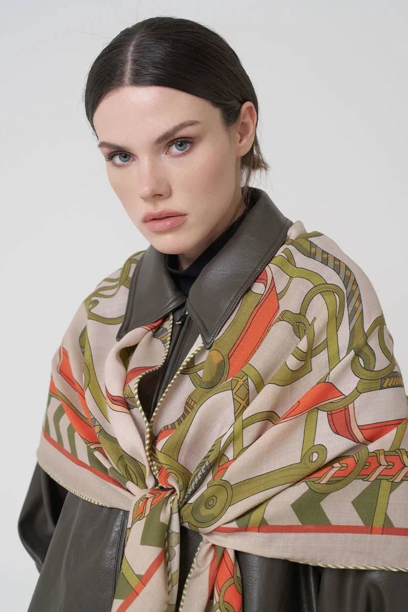 Zincir Desen Yün İpek Omuz Şal - Bej - ED SCARF