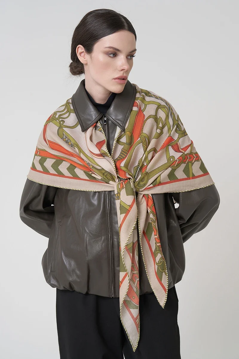 Zincir Desen Yün İpek Omuz Şal - Bej - ED SCARF