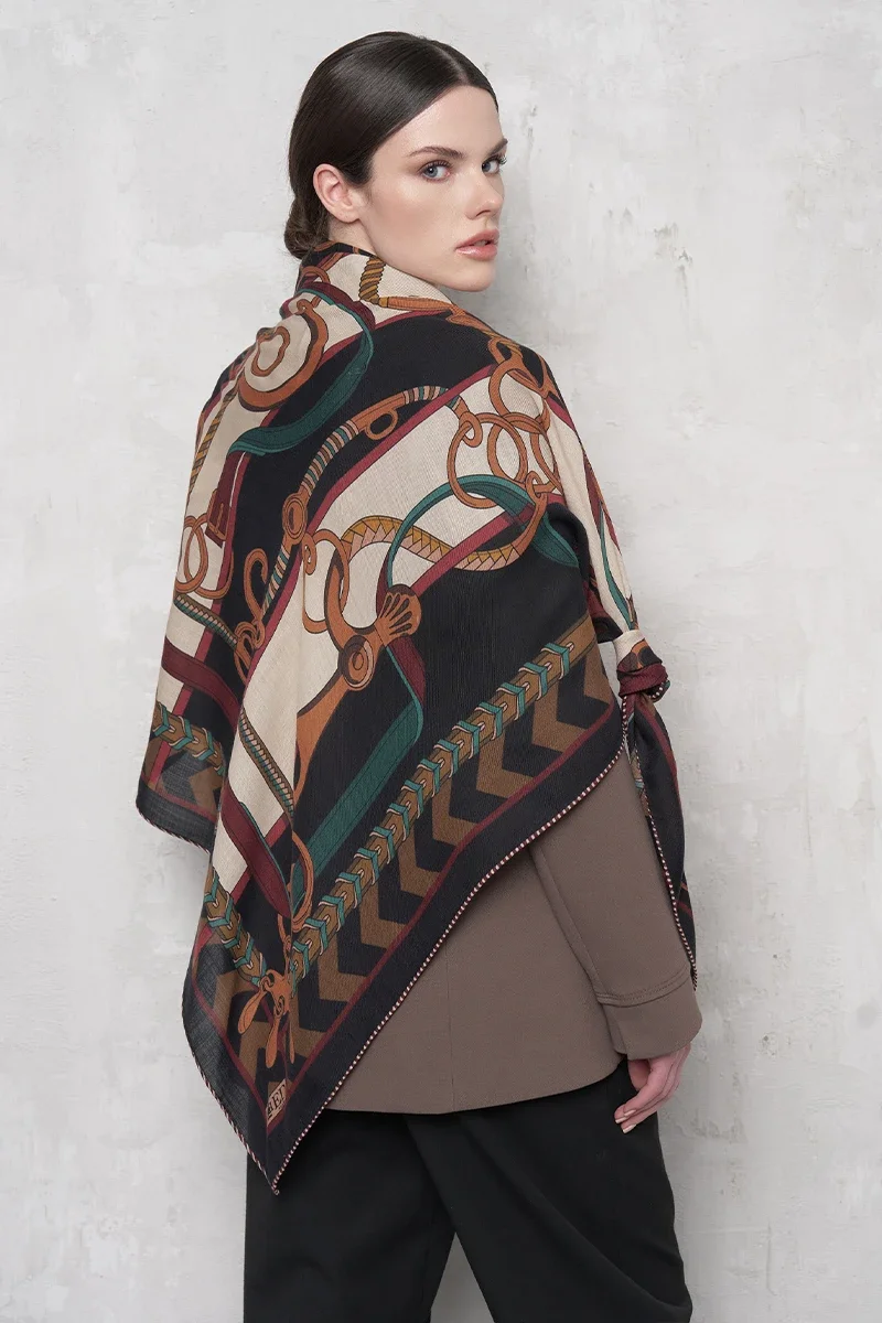 Zincir Desen Yün İpek Omuz Şal - Bordo - ED SCARF