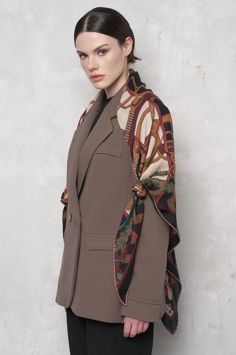 Zincir Desen Yün İpek Omuz Şal - Bordo - ED SCARF