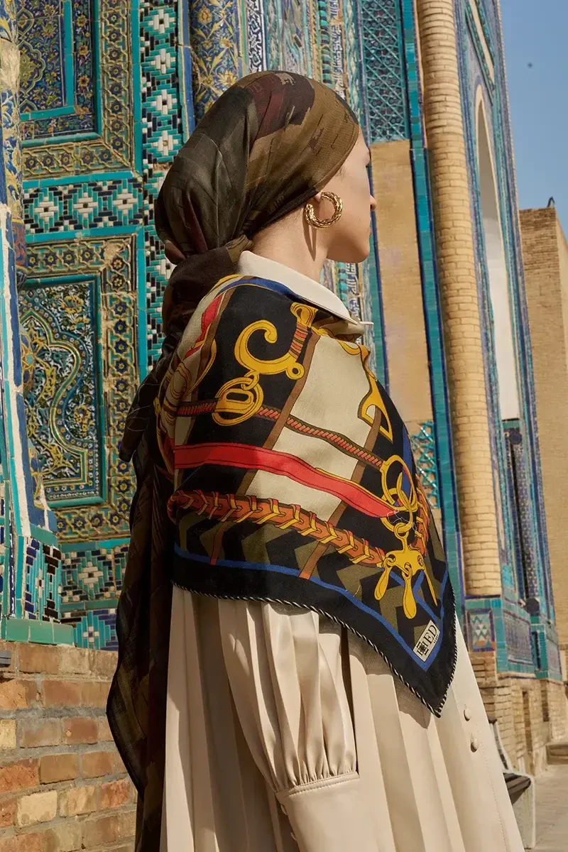 Zincir Desen Yün İpek Omuz Şal - Gold - ED SCARF