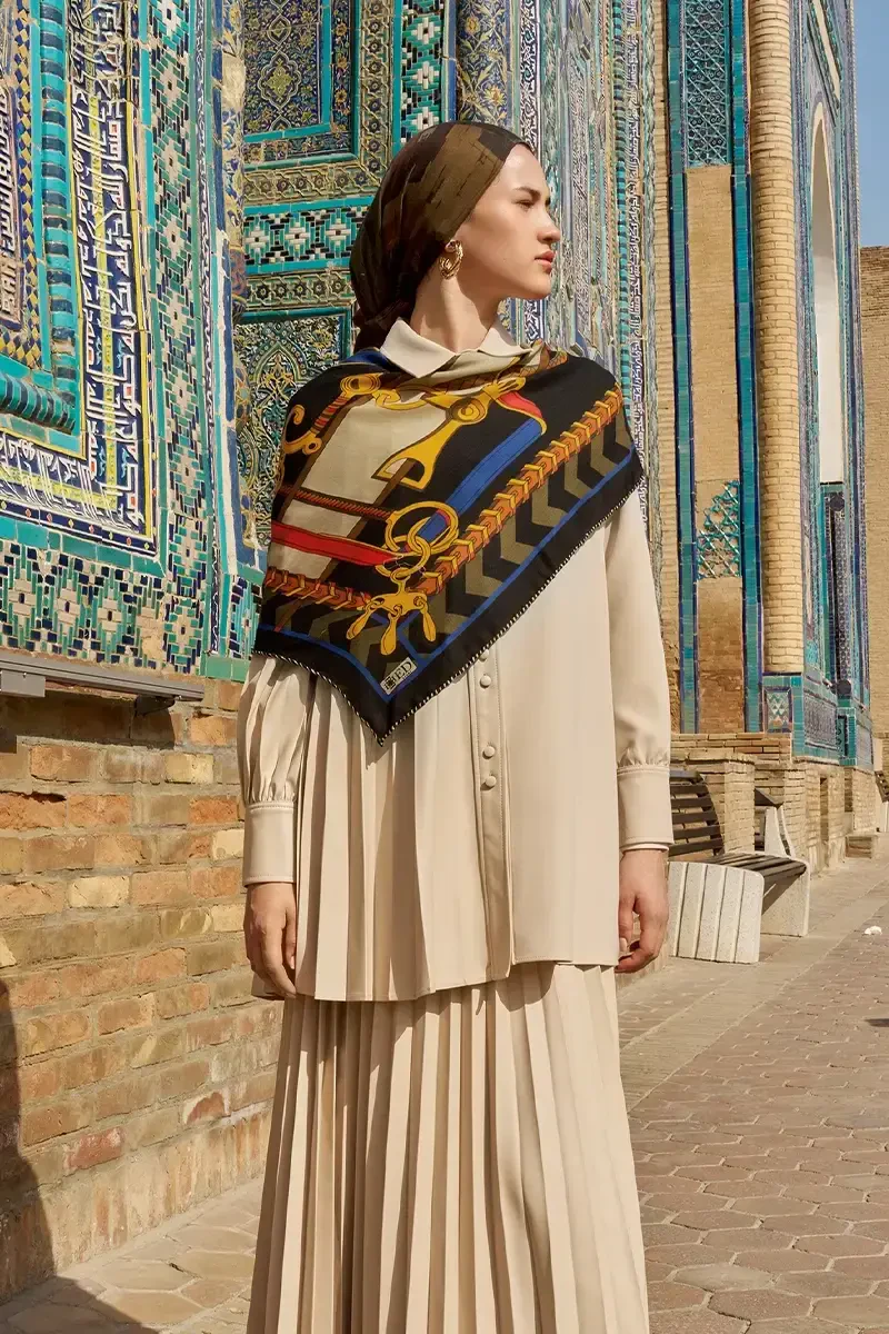 Zincir Desen Yün İpek Omuz Şal - Gold - ED SCARF