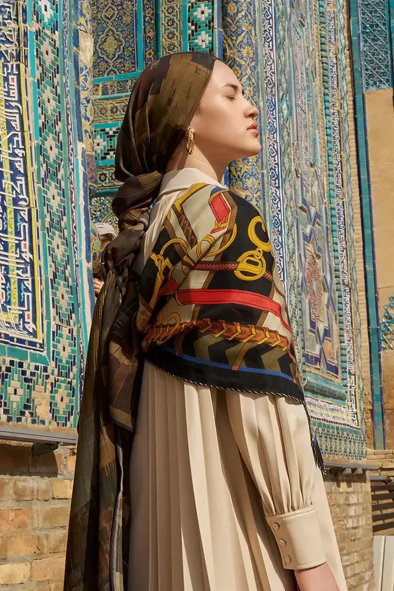 Zincir Desen Yün İpek Omuz Şal - Gold - ED SCARF